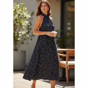 American Living Navy White‎ Polka Dot Halter Midi Dress Size 12